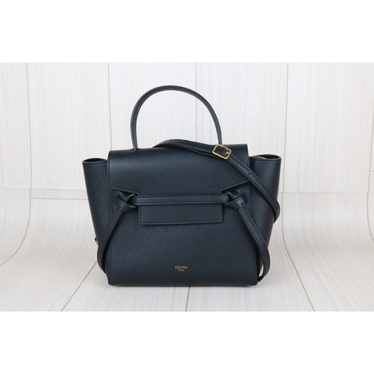 Good ( Rank AB)|CELINE Calf Leather Belt Nano Handbag Shoulder Bag Black|S25082510