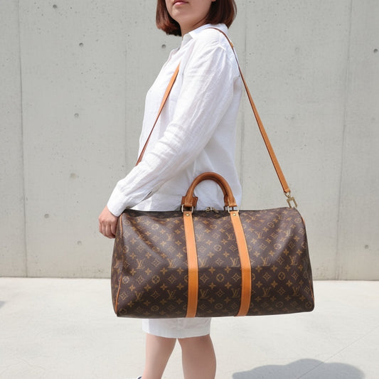 Include Entrupy Certificate of Authenticity|Good ( Rank AB) | Louis Vuitton Monogram Keepall Bandouliere 50 Handbag Shoulder Bag|26042811