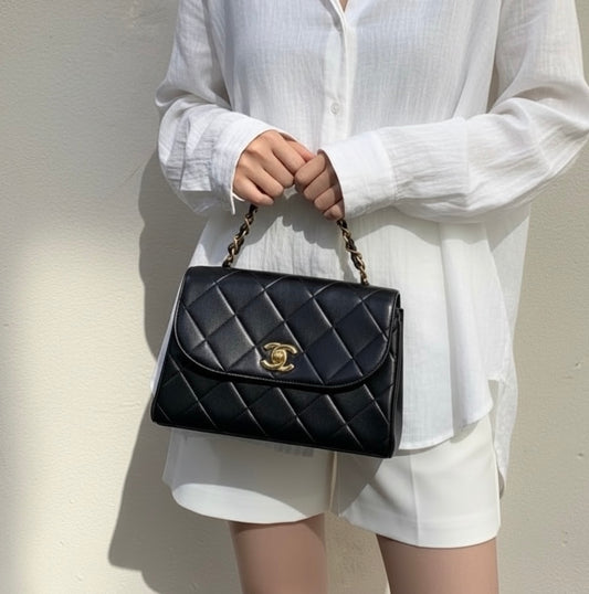 Include Entrupy Certificate of Authenticity|Good ( Rank AB)| CHANEL Calf Leather Matelass Turn Lock Twin Chain Hand Bag Black Made in 1994-1996Year|Y26051524