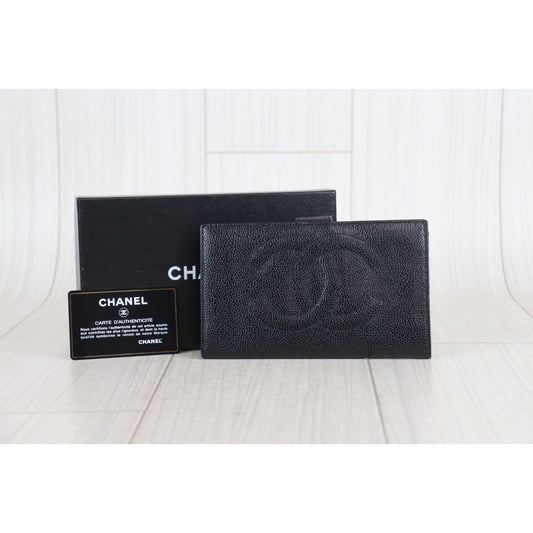 Rank A |Chanel Caviar Skin Black Long Wallet Black|23092618