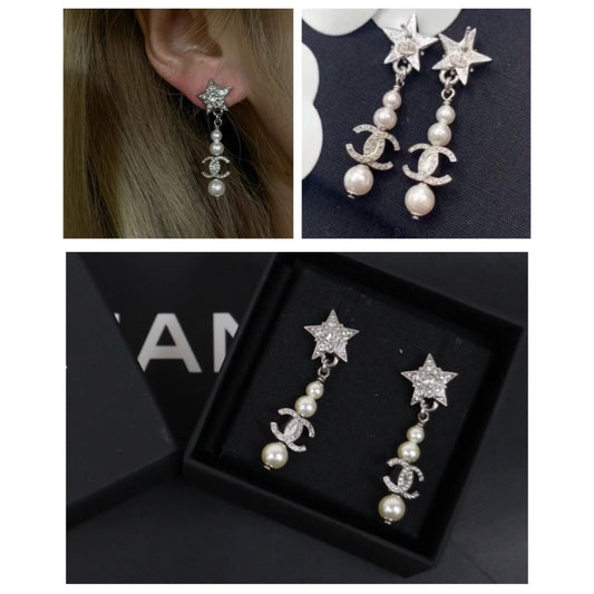 Excellent(Rank SA)| CHANEL Coco Mark Rhinestone star Pearl Earrings Silver|S25021025