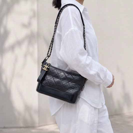 Include Entrupy Certificate of Authenticity|Good ( Rank AB) |CHANEL PM Gabrielle Calf Leather Shoulder Bag Black Made In 2018Year|S26073113