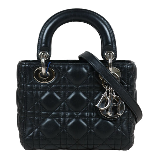 Rank A ｜  Dior Mini Lady Dior Lamb Skin 2WAY Shoulder Bag Handbag Black  ｜S24042902