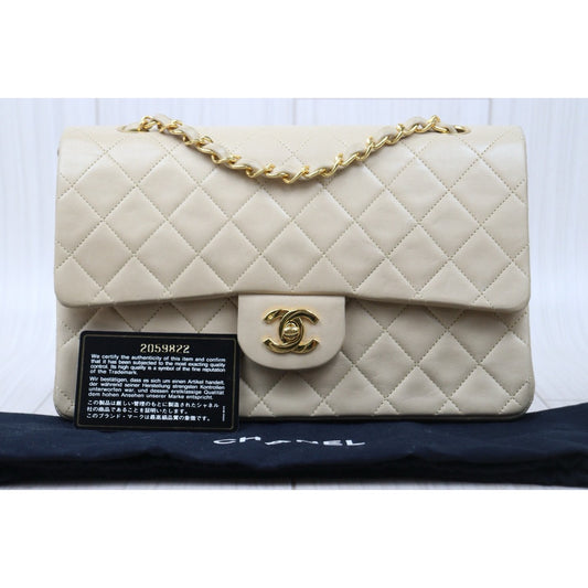 Good ( Rank AB)| CHANEL Lamb Skin Beige Double Flap 25 Shoulder Bag Made in 1991-1994 Year |P24122006