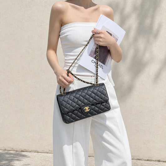 Include Entrupy Certificate of Authenticity|Very Good ( Rank A)| CHANEL Caviar Skin Calf Leather Chain Double Flap 25 Shoulder Bag Black Made In 2013-2014Year|S26072545