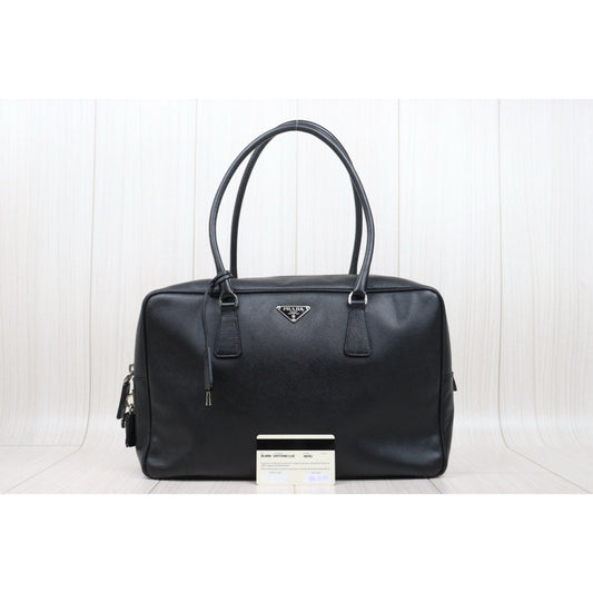 Good ( Rank AB)|Prada Leather Saffiano Briefcase Handbag Black|V25050815