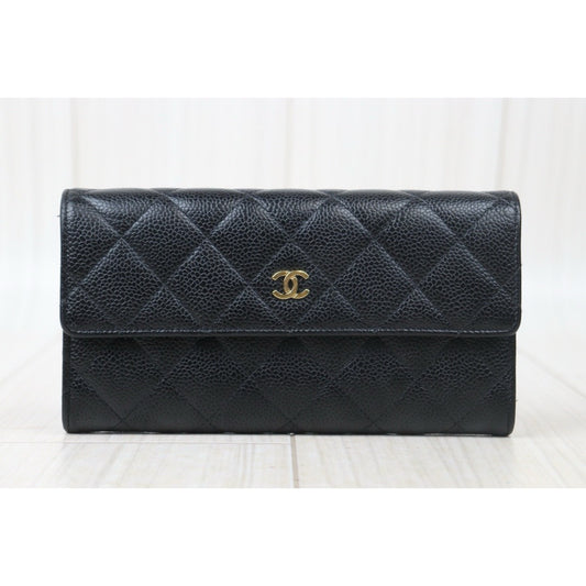 Rank AB |CHANEL Caviar Skin Black Long Wallet Made In 2015-2016 Year|V240100405