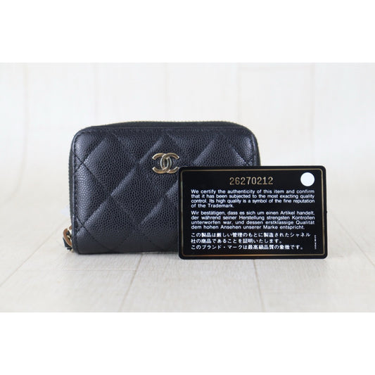 Include Entrupy Certificate of Authenticity|Good ( Rank AB)|CHANEL Caviar Skin Black Zipper Wallet Made In 2018-2019Year|Z26101203