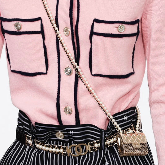 Include Authentic Detective Certificate of Authenticity|Excellent(Rank SA)| CHANEL 2021 Limited Coco Mark Pearl Hollow Design Matrasse Belt Chain Tinybag made in 2022 year|S26031803