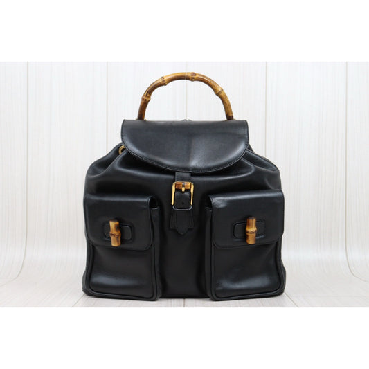 Very Good ( Rank A) |GUCCI Bamboo Leather GM Backpack Black|25042120