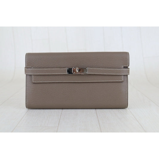 Very Good ( Rank A)| HERMES Goatskin Kelly Long Wallet Etoupe □R Stamp Made In 2014Year|S26012706