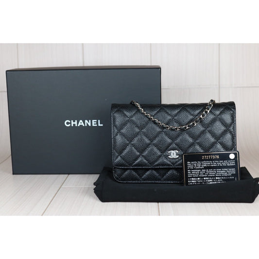 Very Good ( Rank A)| CHANEL Matelasse Caviar Skin Chain Wallet Black Silver Hardware Made in 2019 Year |S24061102