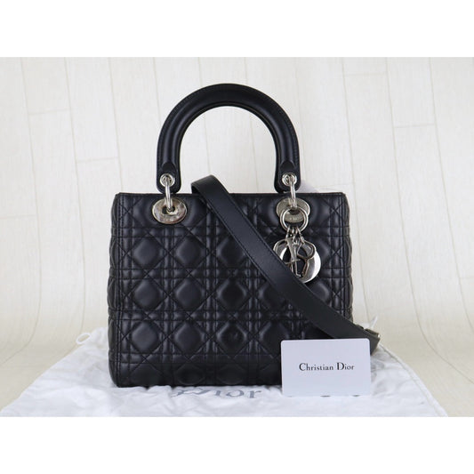 Very Good ( Rank A) | Dior Lady Dior Lamb Skin 2WAY Handbag Shoulder Bag Black |S26012906