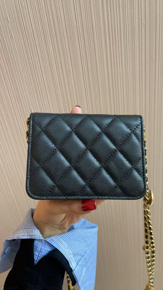 CHANEL Matelasse Caviar Skin Mini Chain Shoulder Bag Black Gold Hardware