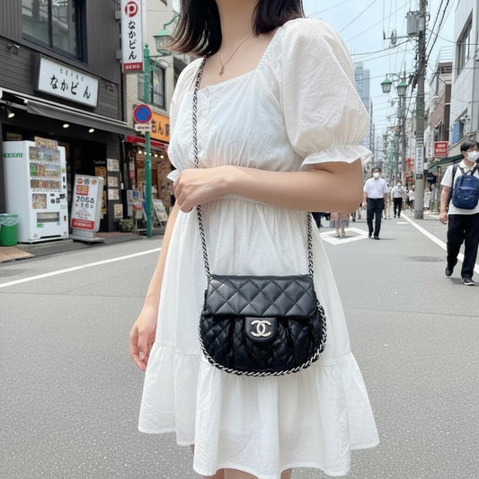 Include Entrupy Certificate of Authenticity|Very Good ( Rank A)| CHANEL Calf Leather Chain Around Cloud Bag Shoulder Bag Black PM Made In 2013-2014Year|S26031510