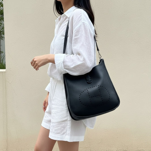 Include Entrupy Certificate of Authenticity|Very Good ( Rank A)| HERMES TC Leather Evelyne 29 Shoulder Bag Black C Stamp Made In 2018Year|S26041701