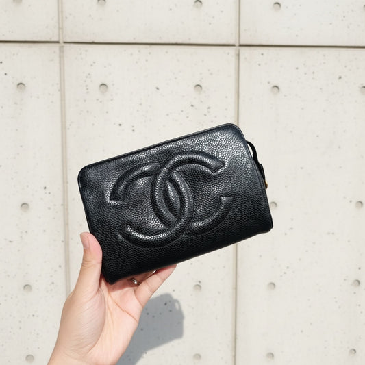 Include Entrupy Certificate of Authenticity|Very Good ( Rank A)|CHANEL Caviar Skin Calf Leather Vanity Case Black Made In 1991-1994Year|26070315