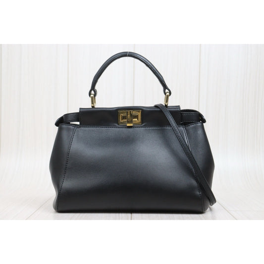 Good ( Rank AB)| FENDI Calf Leather Peekaboo iconic mini Handbag With Shoulder Bag Black|S26030906