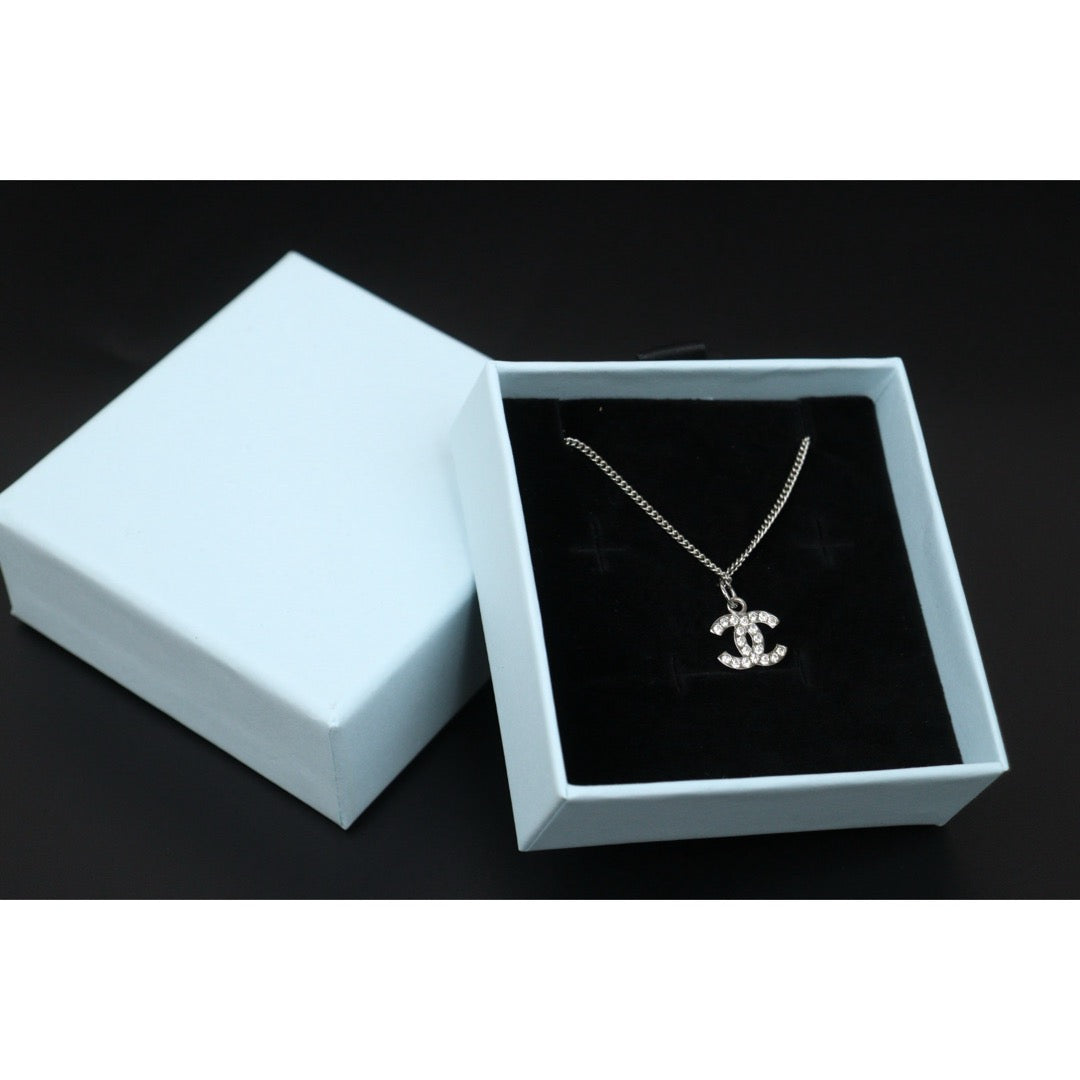 Very Good Rank A)|CHANEL COCO Mark Rhinestone Necklace Silver