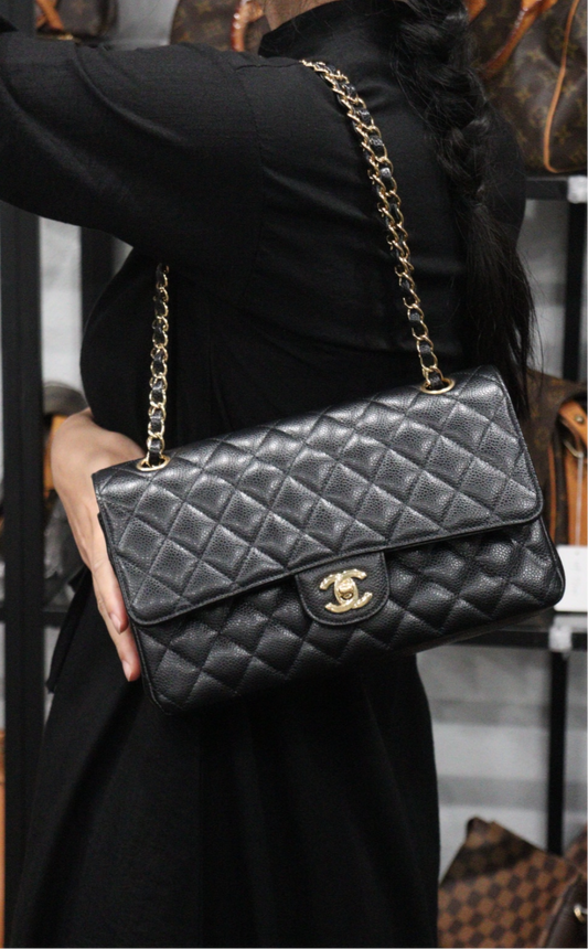 Excellent(Rank SA)| CHANEL Caviar Skin Matrasse Double Flap 25 Shoulder Bag Black Made In 2019Year |S24080803