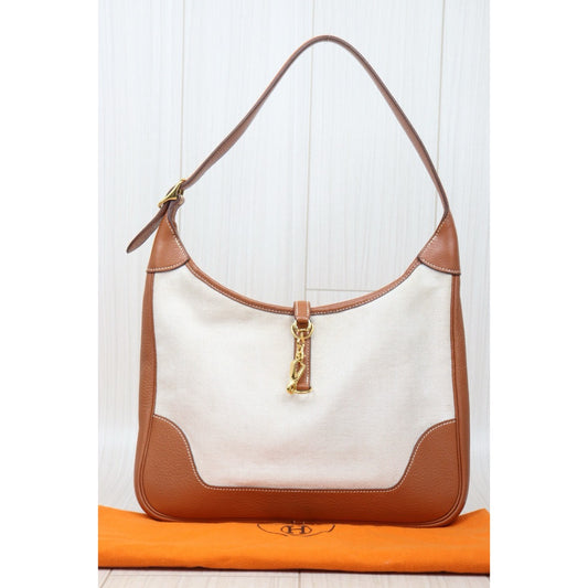 Good ( Rank AB)| Hermes Trim Canvas Silver Hardware Shoulder Bag □F Stamp|Y24120905