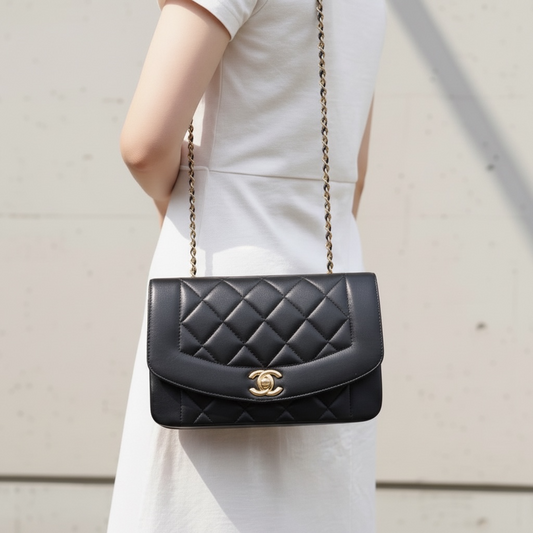 Include Entrupy Certificate of Authenticity|Good ( Rank AB)| CHANEL Lamb Skin Matrasse Chain Diana 22 Shoulder Bag Made in 1991-1994Year|26040604