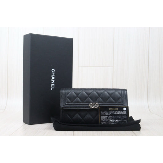 Good ( Rank AB)|CHANEL Leboy Caviar Skin Black Long Wallet Made In 2018 Year|24102416