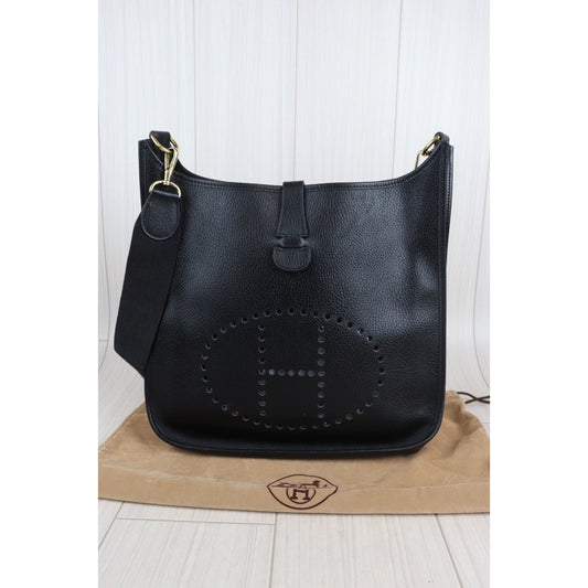 Rank A| HERMES Evelyn GM Black Shoulder Bag |V23061013