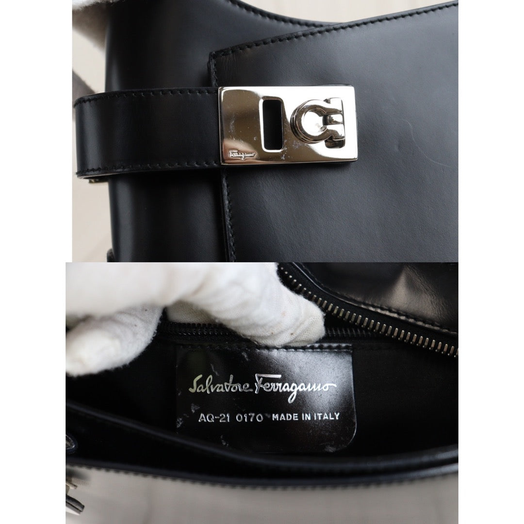 Rank A |Ferragamo Calf Leather Shoulder Bag Black|V23061720