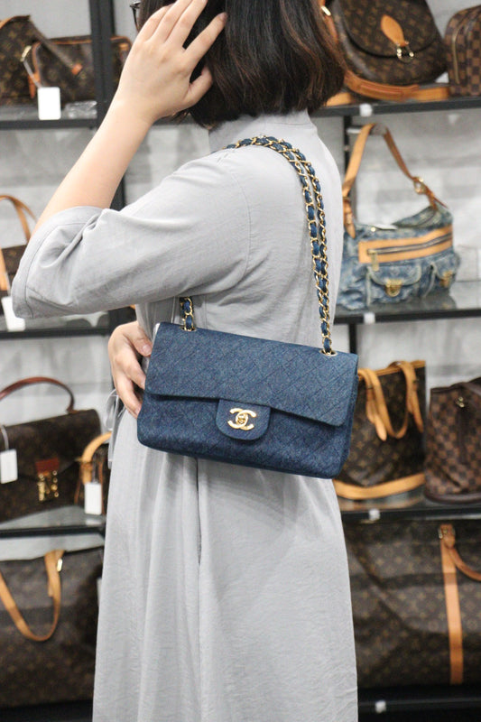 Rank AB | CHANEL Denim Matrasse Double Flap 23 Shoulder Bag |V23061301