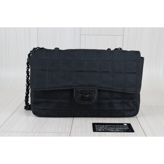 Rank AB | CHANEL New Travel Line Chain Shoulder Bag Nylon Leather Black |V23061008