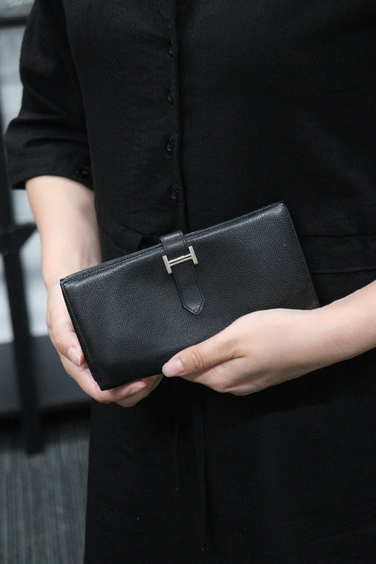 Rank AB| HERMES Hermes Bean Long Wallet Black |V23062341