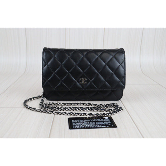 Rank A| CHANEL Matelasse Lamb Leather Chain Wallet Black Silver Hardware |V23072003