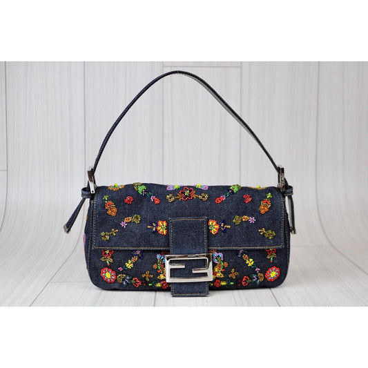 Rank A | FENDI Denim Mamma Baguette Shoulder Bag |092304