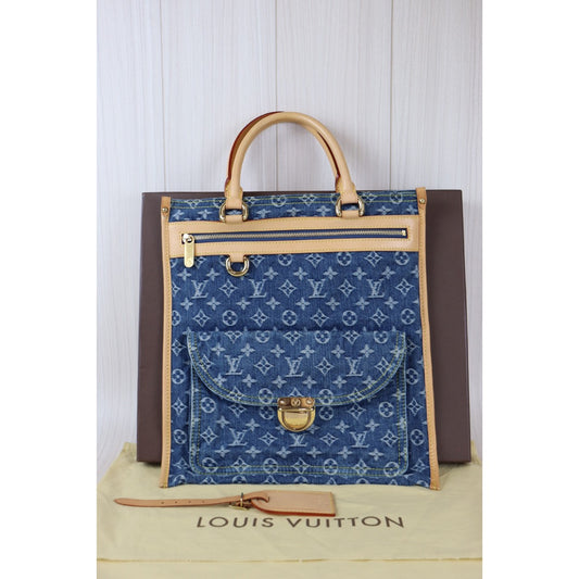 Rank S| LV 2005 Flat Shopper Monogram Denim Shoulder Bag |092326