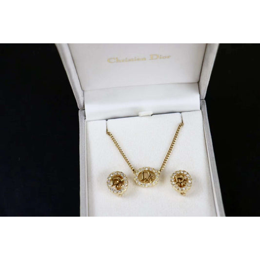 Rank A | Dior Necklace Earring Set Gold 18k Gold Plated Rhinestone|090105