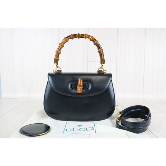 Rank A | GUCCI Bamboo Box Leather Navy Hand Bag |070404