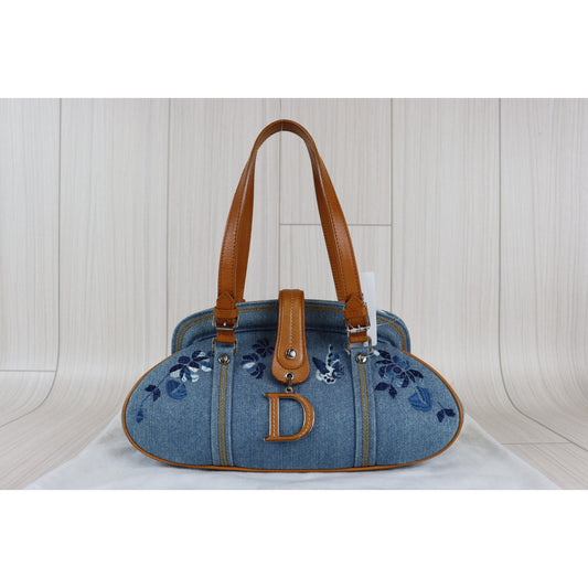 Rank A |Dior Denim Floral Embroidery Handbag |083113