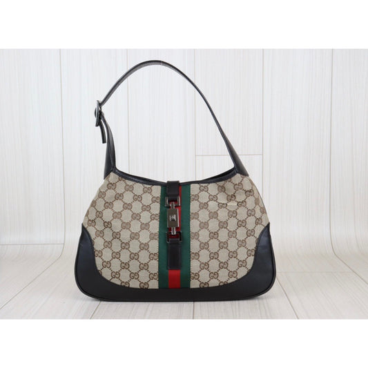 Rank A | GUCCI Tan Monogram Canvas Hobo Jackie O Bag with Stripes|22121402