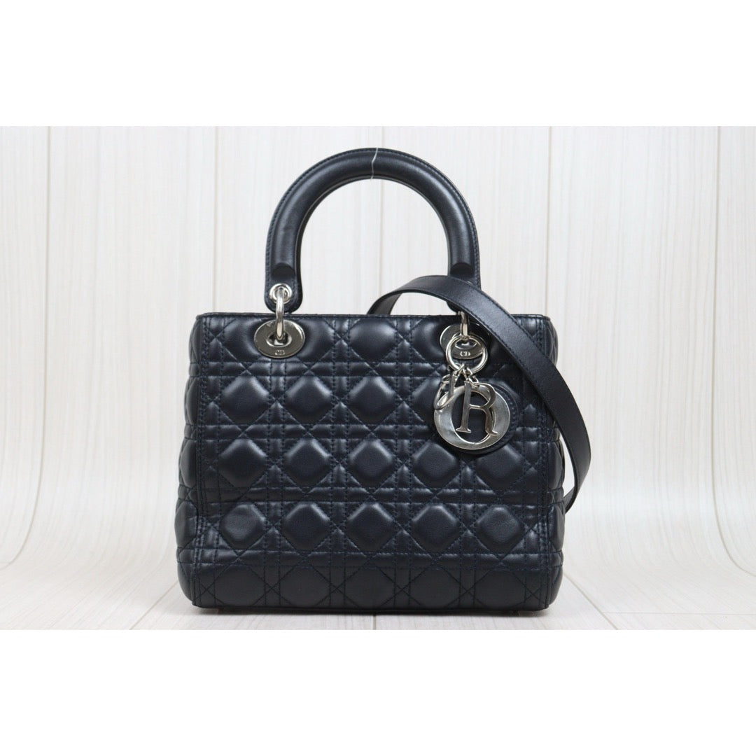 Include Entrupy Certificate of Authenticity｜Very Good ( Rank A) ｜  Dior Lady Dior Lamb Skin 2WAY Handbag Shoulder Bag Navy Blue ( Nearly Black ) ｜S26030909