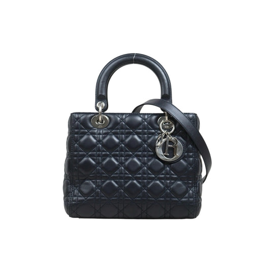 Include Entrupy Certificate of Authenticity｜Very Good ( Rank A) ｜  Dior Lady Dior Lamb Skin 2WAY Handbag Shoulder Bag Navy Blue ( Nearly Black ) ｜S26030909