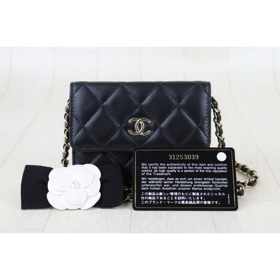 Include Entrupy Certificate of Authenticity｜Very Good ( Rank A)｜ CHANEL Coco Mark Lambskin Matrasse Bow Chain Mini WOC Black Made In 2021-2022Year｜S26052509