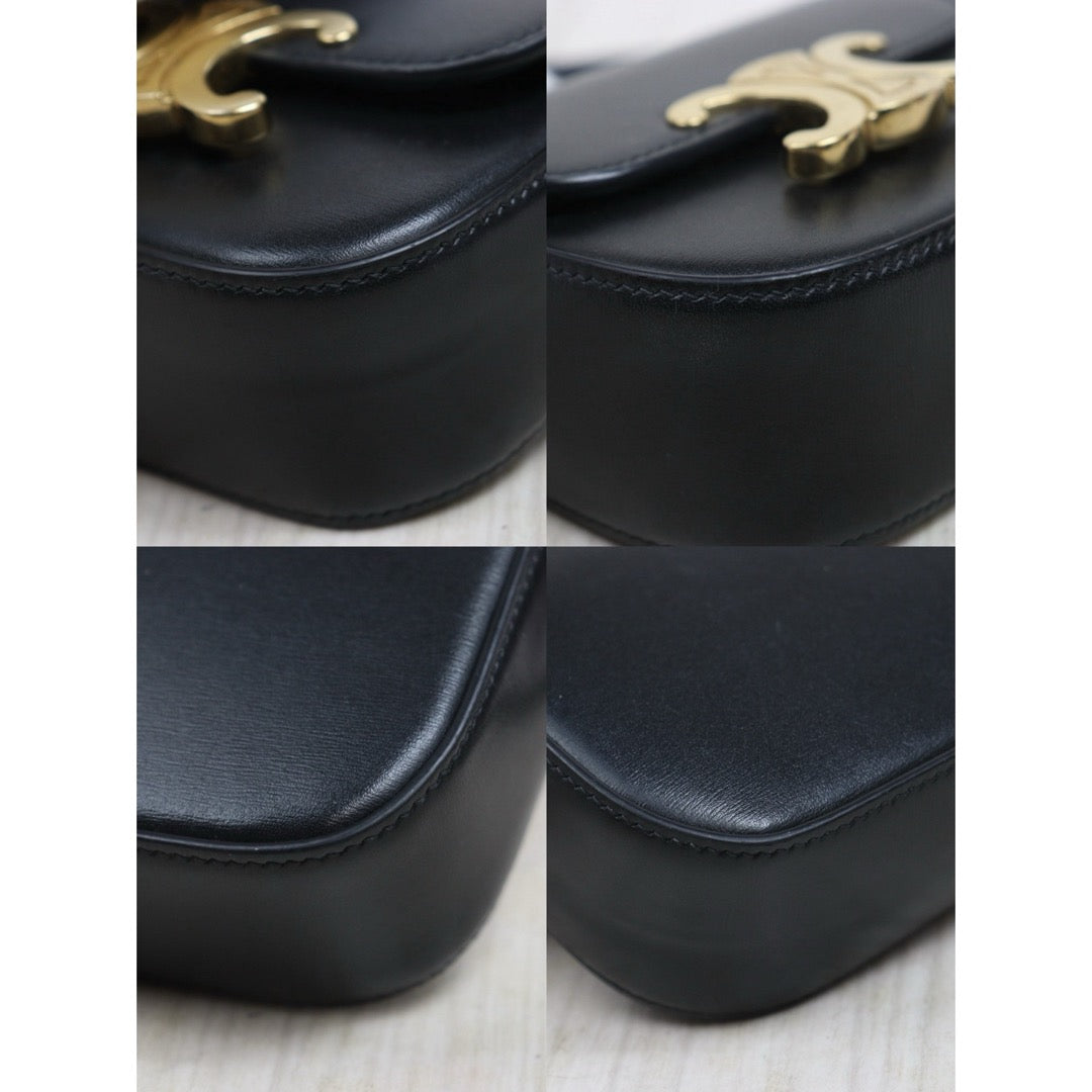Include Entrupy Certificate of Authenticity｜Very Good ( Rank A)｜ CELINE Shiny Calfskin Mini Triomphe Shoulder Bag Black Golden Hardware｜26081803