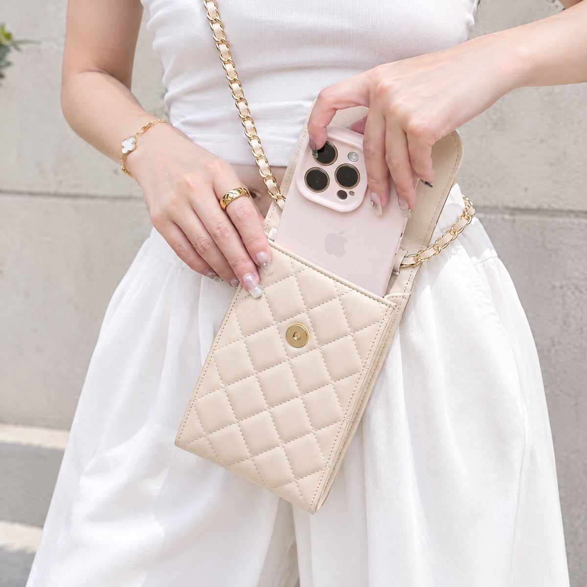 Include Entrupy Certificate of Authenticity｜Good ( Rank AB)｜CHANEL Lamb Skin  Flap Phone Holder Chain Shoulder Bag Beige Made In 2021-2022 Year｜S26090731