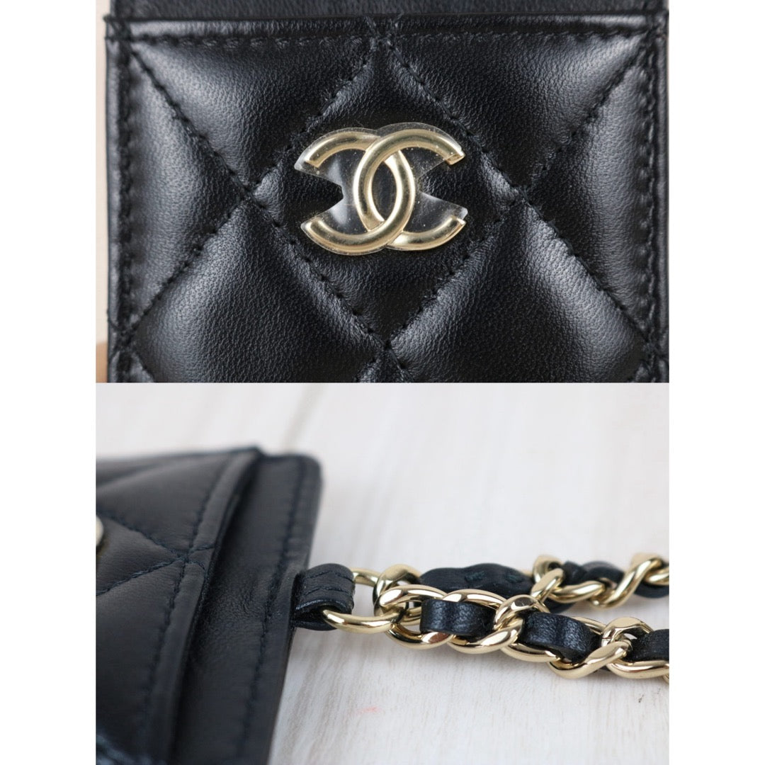 Include Entrupy Certificate of Authenticity｜Very Good ( Rank A)｜ CHANEL Coco Mark Lambskin Matrasse Bow Chain Card Holder Black Made In 2021-2022Year｜S26061501