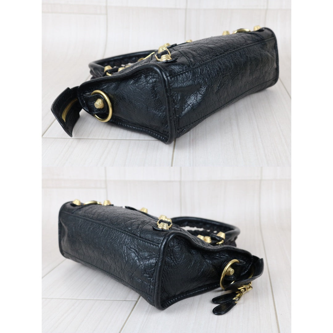Include Entrupy Certificate of Authenticity｜Good ( Rank AB)｜Balenciaga Oiled Leather Gaint Classic Mini City Handbag Shoulder Bag Black｜S26052502