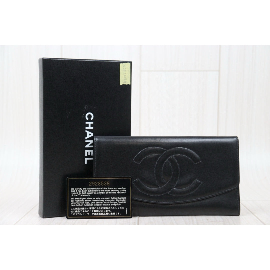 Good ( Rank AB)｜CHANEL Lambskin Black Long Wallet Made In 1991-1994 Year｜W24120911