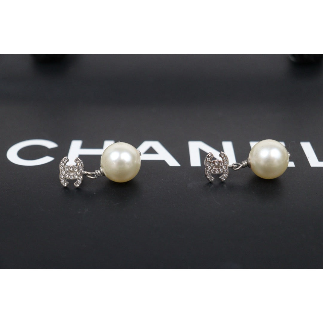 Very Good ( Rank A) ｜ CHANEL B14V Coco Mark  Rhinestone Pearl Earrings Made In 2014Year ｜V25122601