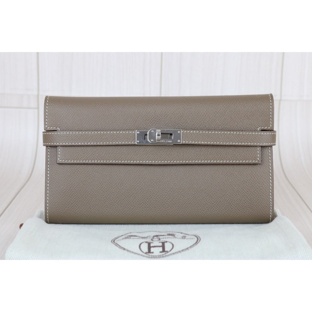 Very Good ( Rank A)｜ HERMES Epsom Kelly Wallet Gray □R Stamp Made In 2014 Year｜W25060311