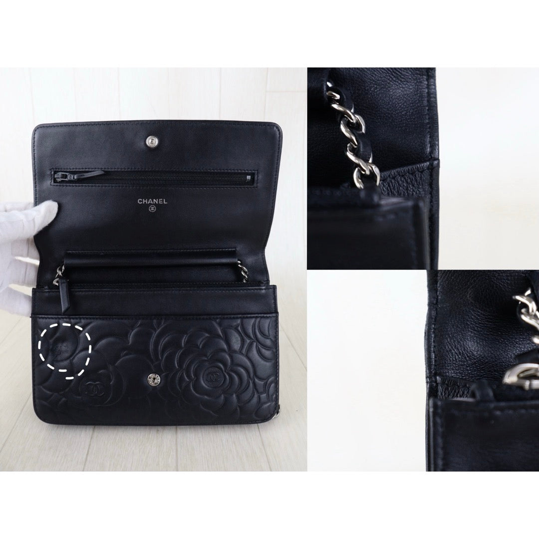 Include Entrupy Certificate of Authenticity｜Good ( Rank AB)｜CHANEL Lamb Skin Camellia WOC Chain Bag Black  Made In 2012 Year｜S26090730